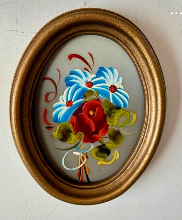 Ovaal vintage schilderijtje met olieverf stil leven boeket