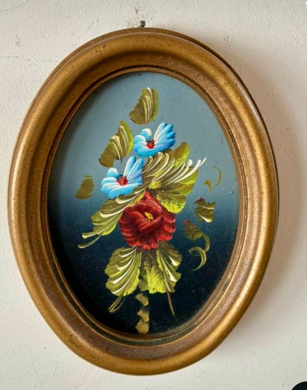 Ovaal vintage schilderijtje met prachtige bloemen