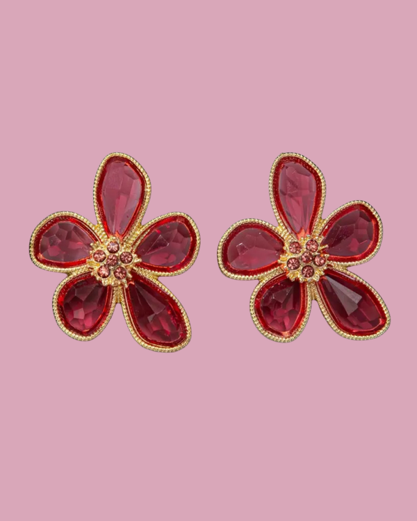 Oorbellen – Rode Bloem met Kristal