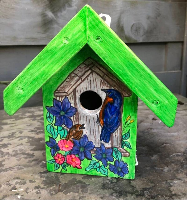 Vogelhuisje groen met vogel en bloemen