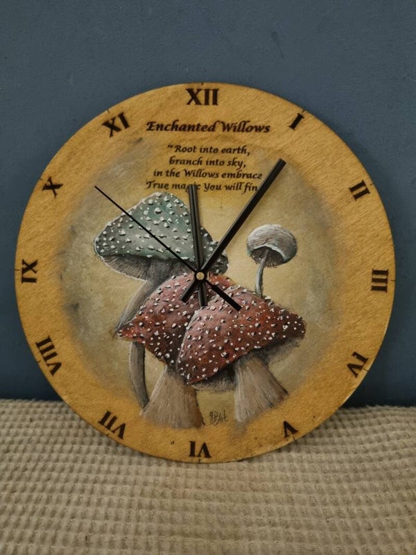 Hand painted and lazer engraved mushroom clock