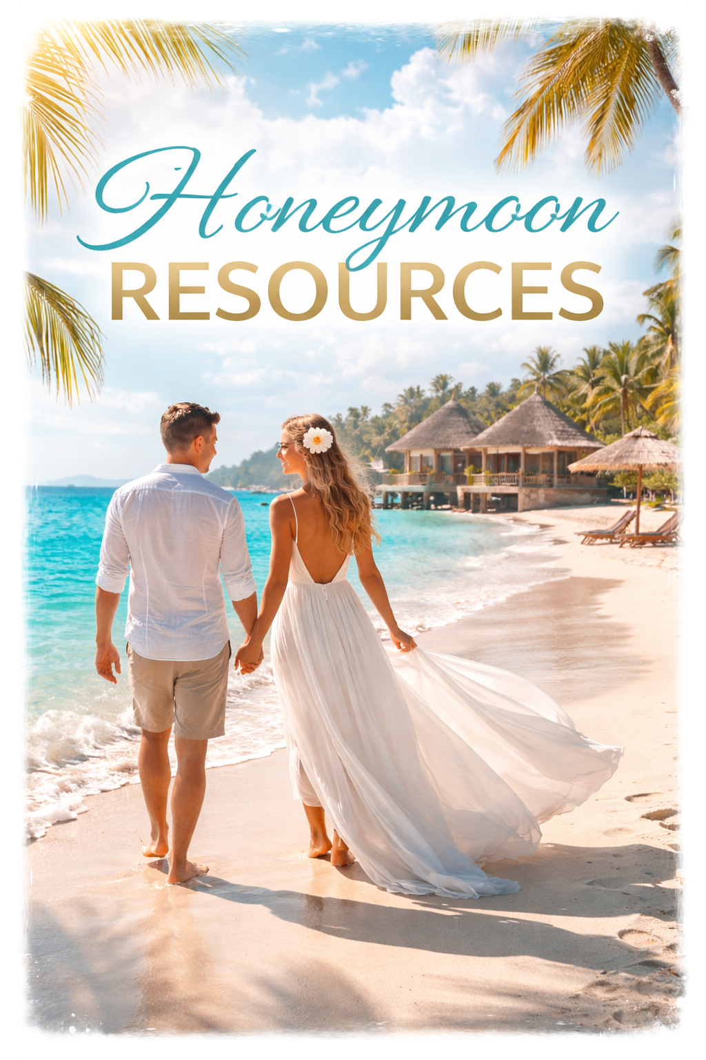 “honeymoon couple walking on tropical beach luxury all inclusive resort”