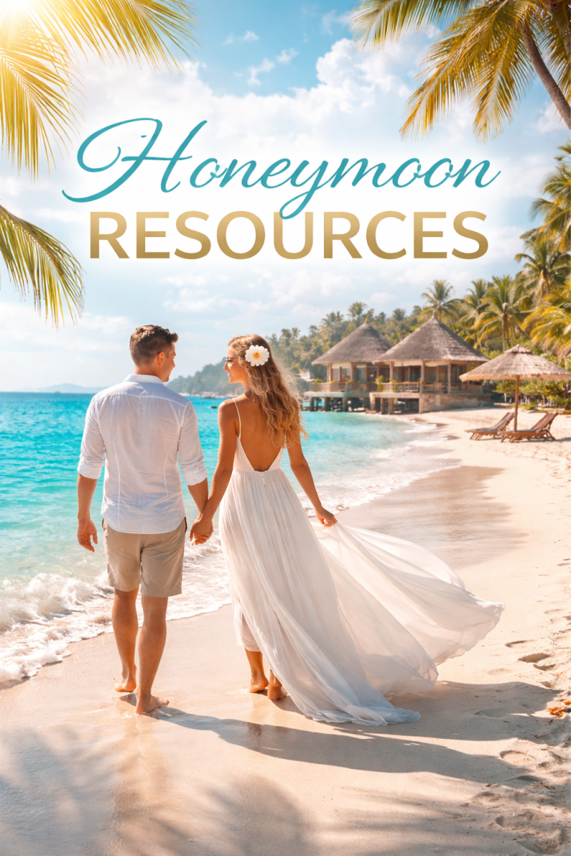 “honeymoon couple walking on tropical beach luxury all inclusive resort”