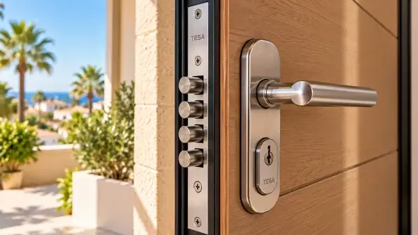 Cerradura y herrajes de una puerta de vivienda — imagen ilustrativa