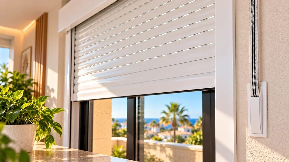 Manual roller shutter and operating strap in a residential interior — illustrative image