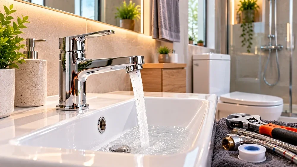 Tap and plumbing tools in a bathroom — illustrative image