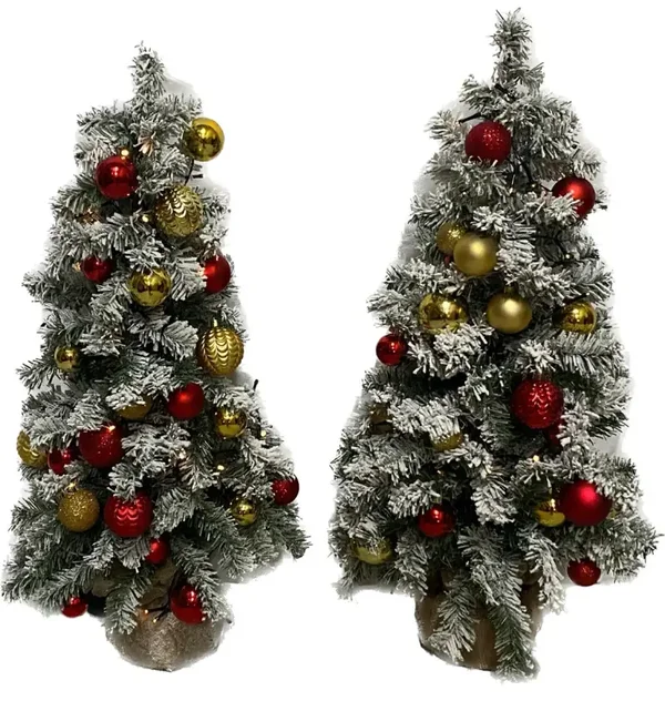 Set kerstboompjes 60 cm. met lampjes en versierd