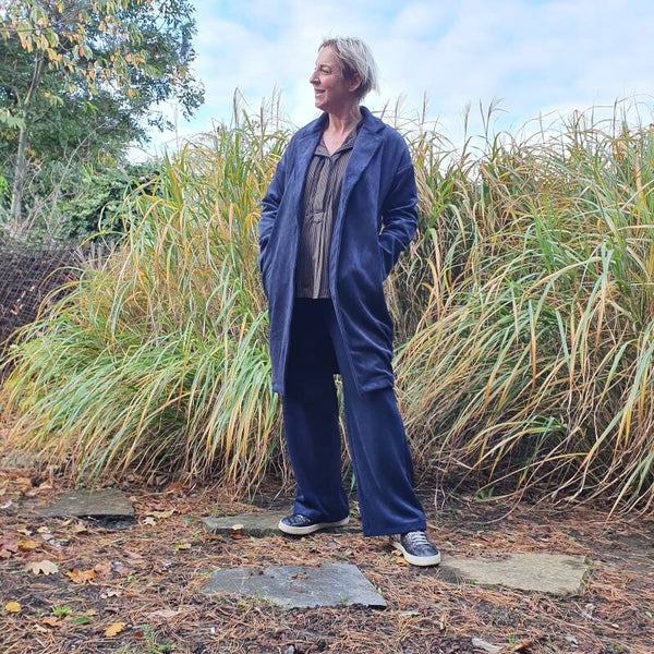 lange donkerblauwe ribfluwelen vest