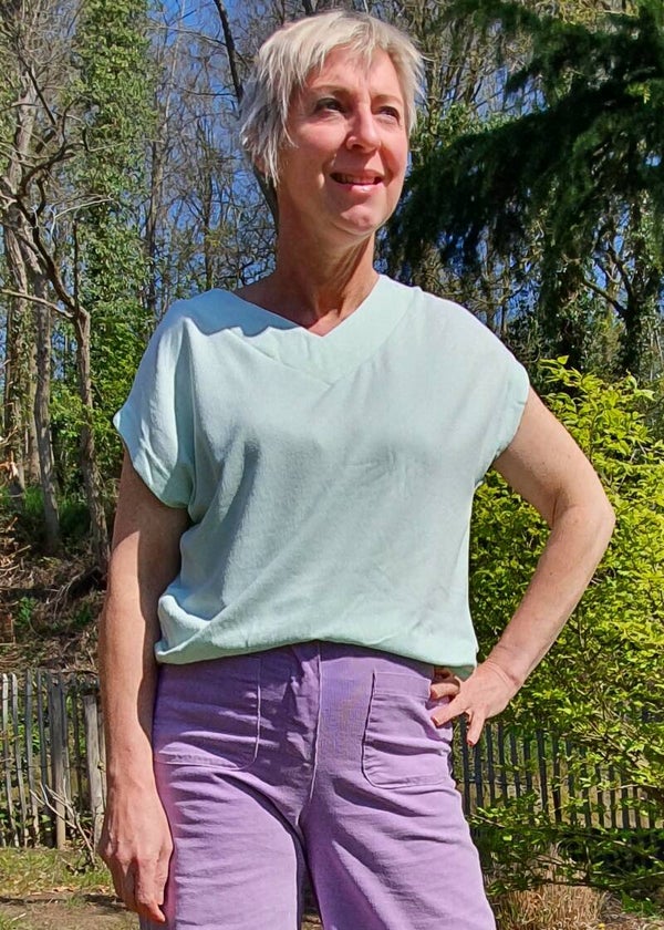 aquagroene zachte t-shirt met v-hals