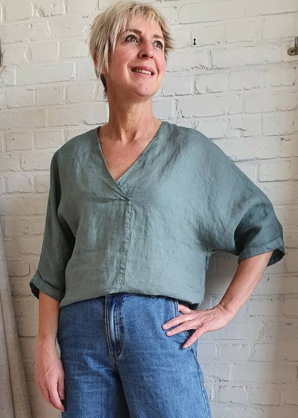 grijsblauwe linnen blouse