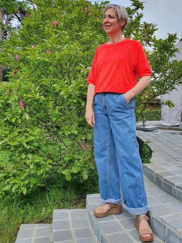 oranjerode biokatoenen sweater met korte mouwen