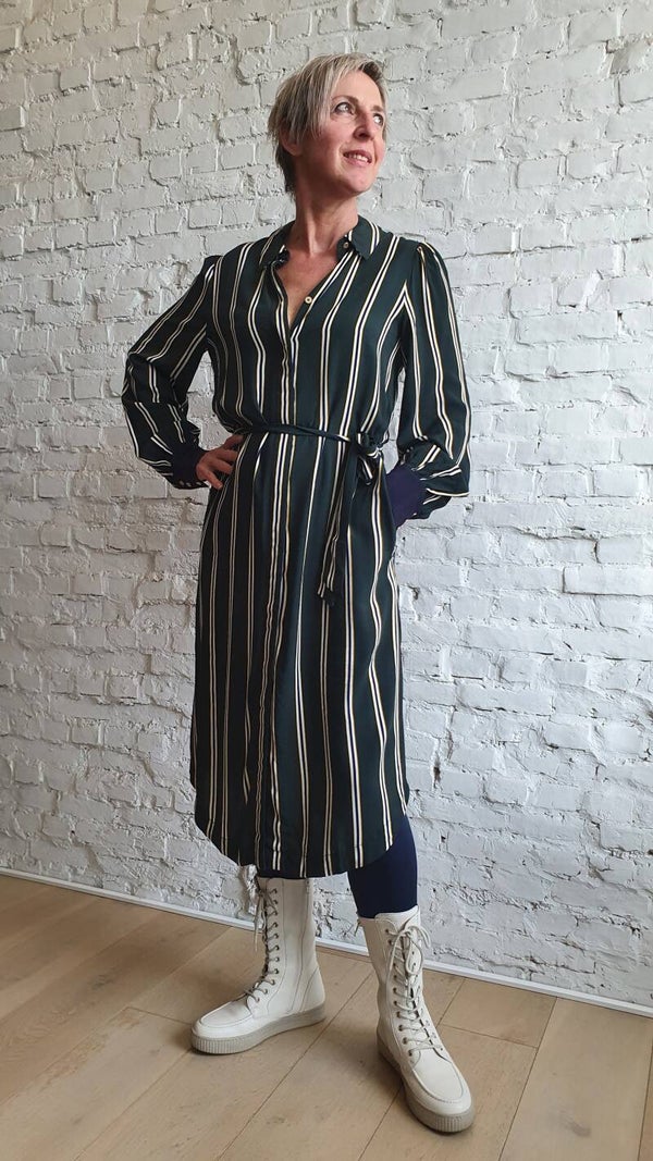 bottlegroene gestreepte hemdsjurk