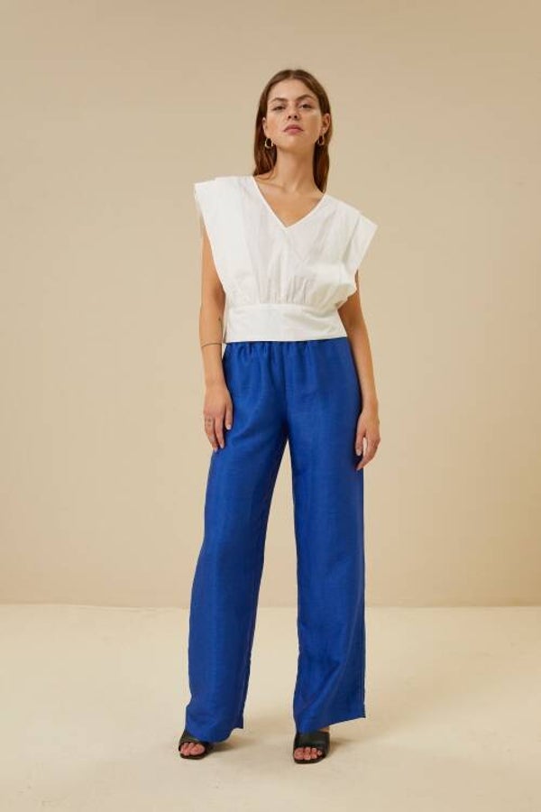 glossy koningsblauwe broek