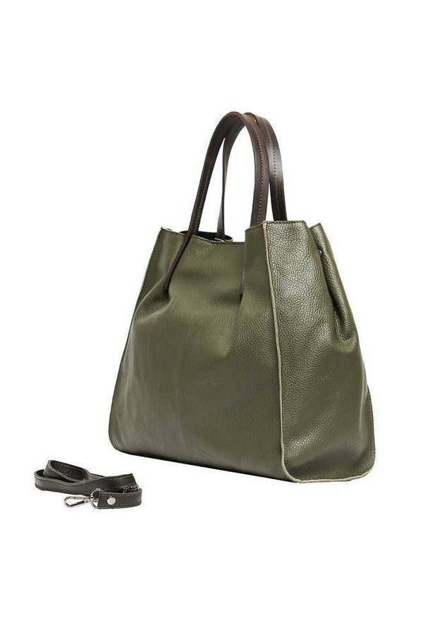 kaki 100% lederen handtas met verstelbare riem