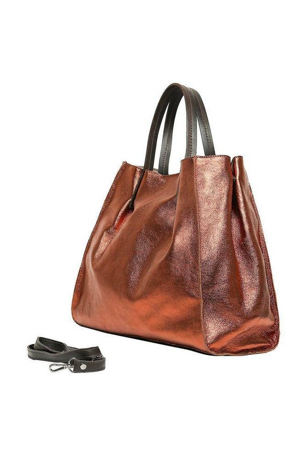 bronzen metallic 100% lederen handtas met verstelbare riem