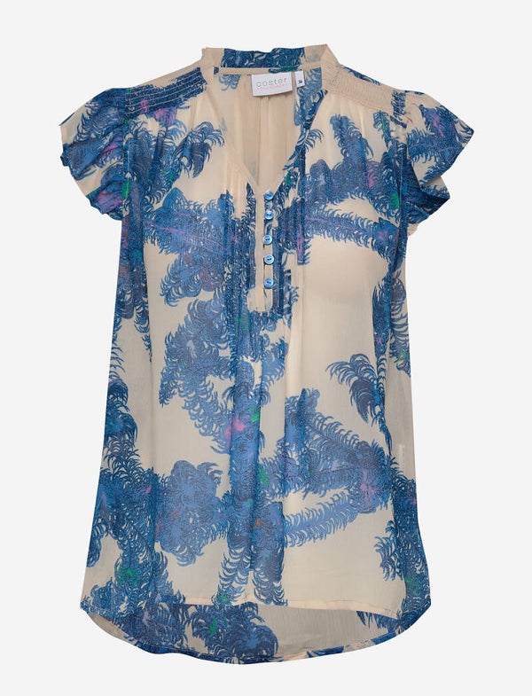 prachtige blouse met blauwe veertjesprint