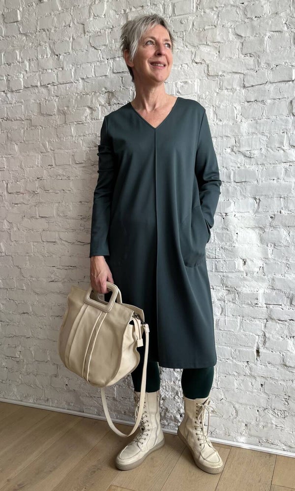 donkergroene jersey jurk met v-hals