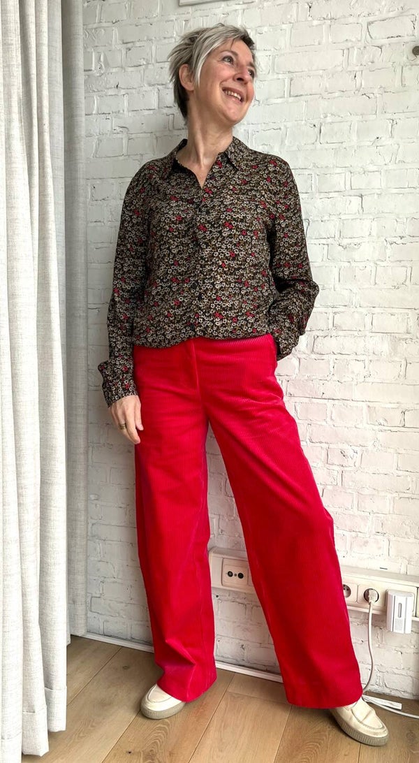 donkerroze zachte ribfluwelen broek