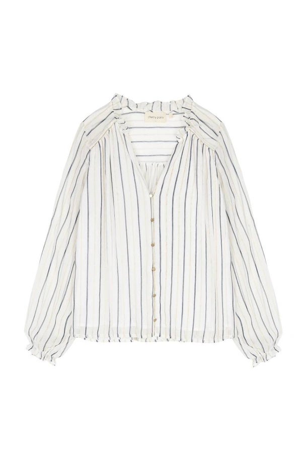 witte blouse met blauw streepje en gouddraad