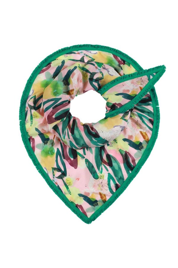 roze sjaal met groene franjes