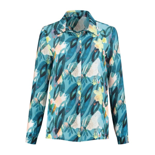 blauwe blouse met kleurrijke print