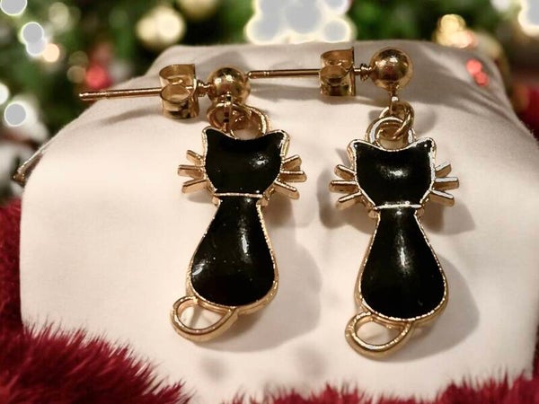 Katten oorbellen goud/zwart