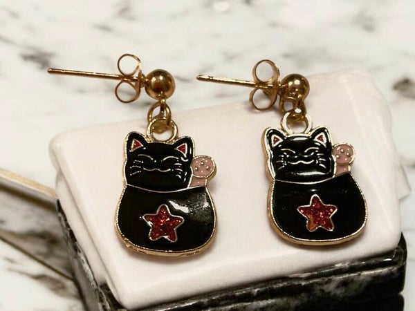 Katten oorbellen goud/zwart