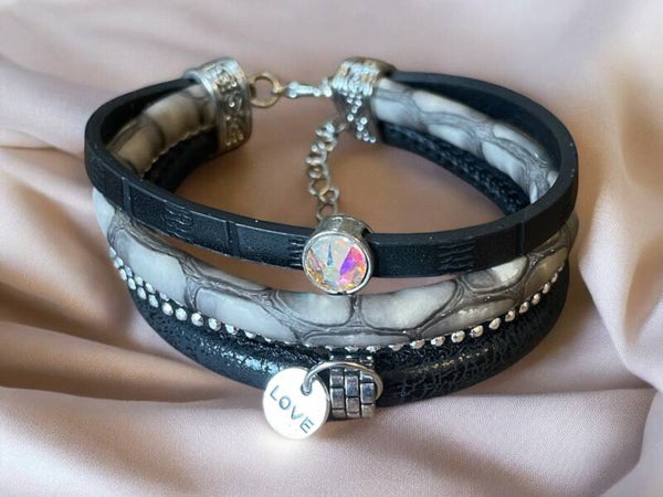 Handgemaakt leren/pmu armband grijs/zwart