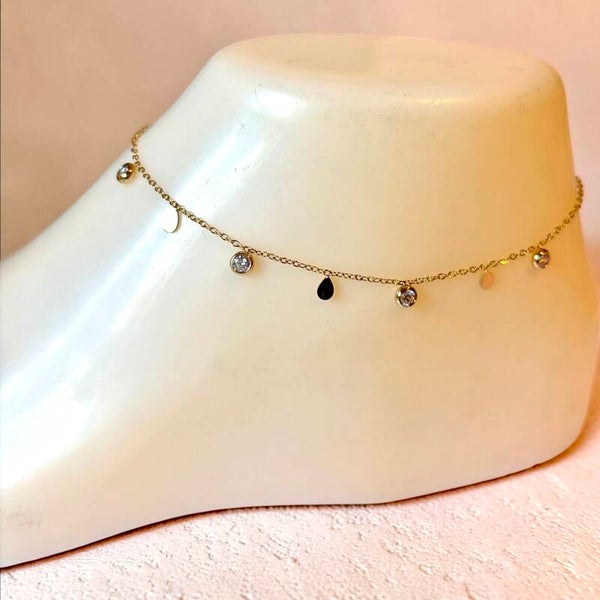 Goudkleurige Stainless Steel Enkelband met Zirkonia & Bladmotief