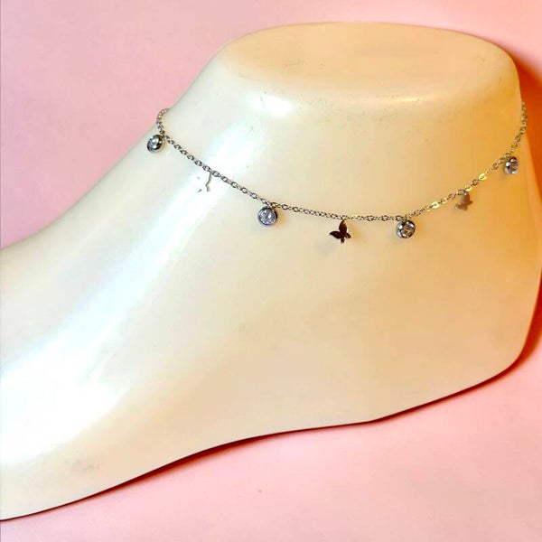 Zilverkleurige Stainless Steel Enkelband met Zirkonia & vlinder Motief