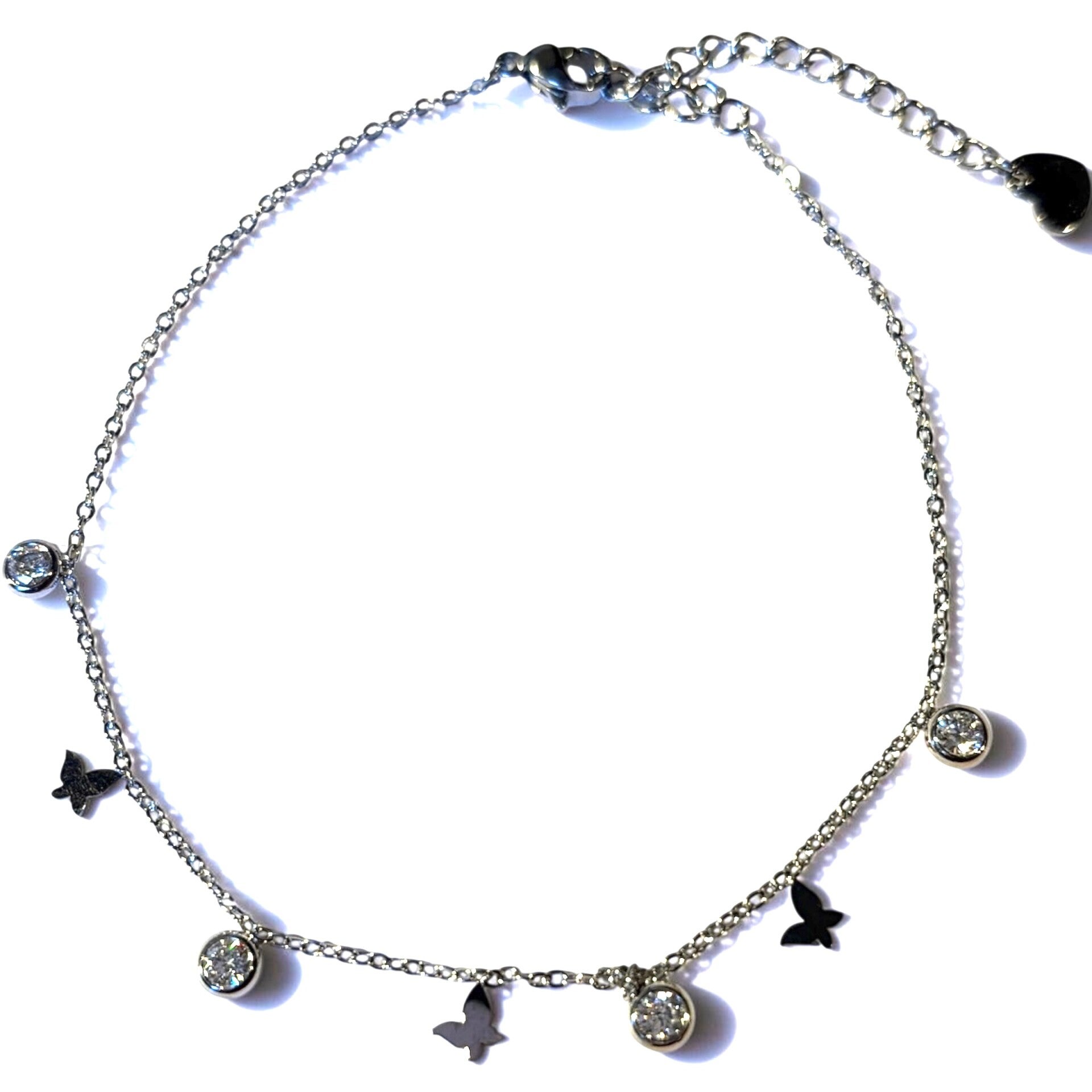 Zilverkleurige Stainless Steel Enkelband met Zirkonia & vlinder Motief