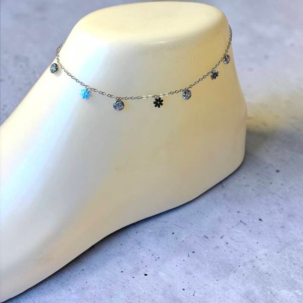 Zilverkleurig Stainless Steel Enkelband met Zirkonia & bloemmotief