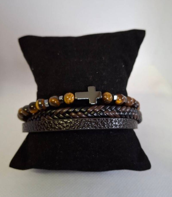 Herenarmband leer met kruisje