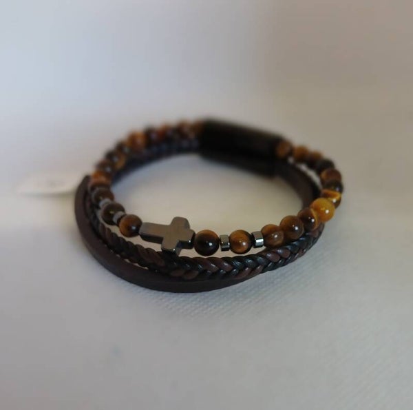 Armband leer met tijgeroog kralen en kruisje