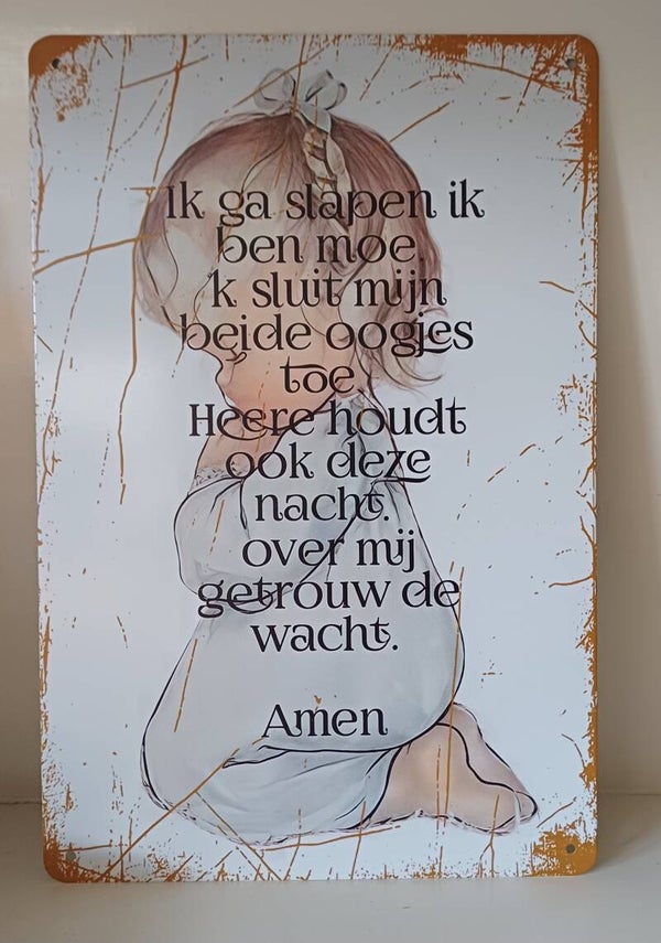 Metaal bordje biddend meisje