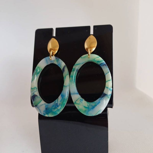 Oorbellen ovaal blauw/groen marmer
