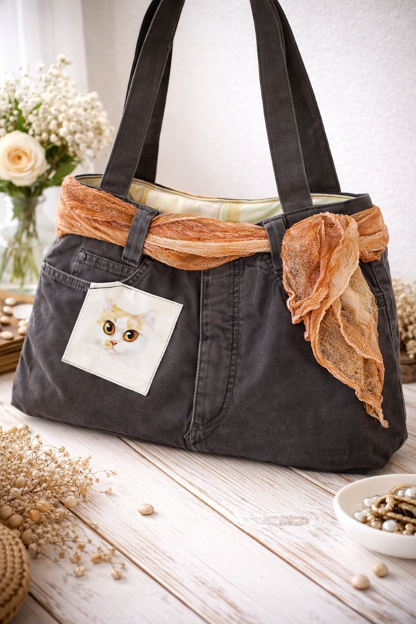 Sac en jean recyclé fait main – Sac cabas femme porté épaule – Sac éco responsable unique grande capacité