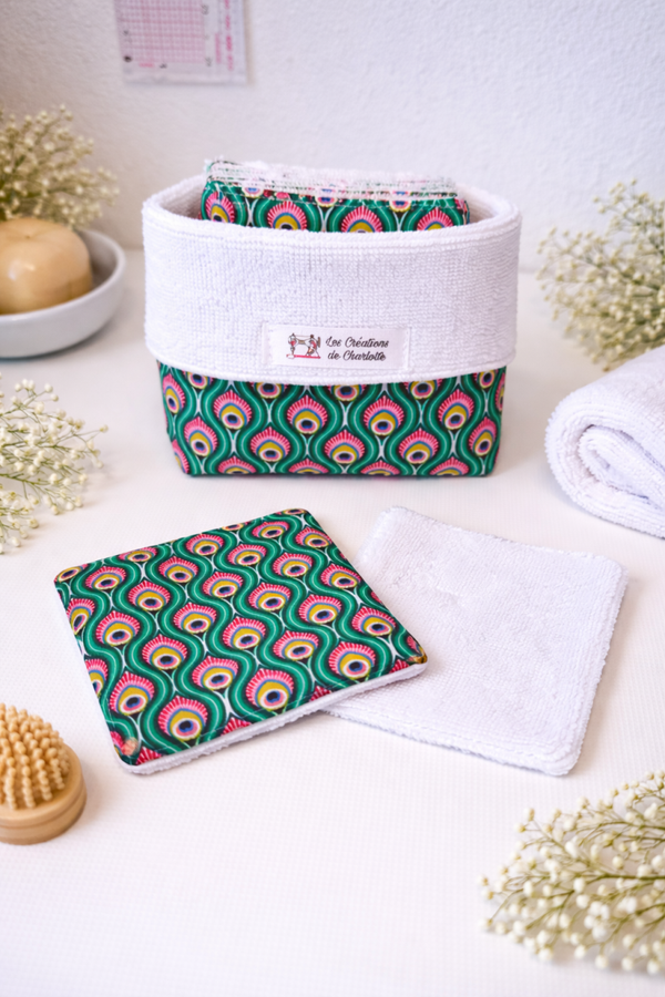 Lingettes lavables x10 + panier rangement – Coton démaquillant réutilisable – Zéro déchet – Fait main – Cadeau écolo