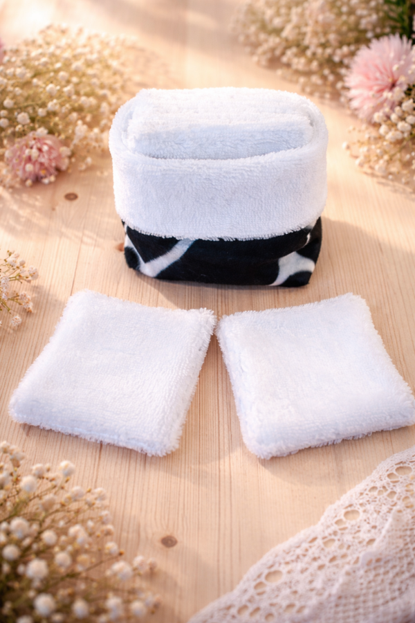 Lot de 10 lingettes démaquillantes lavables – éponge bambou + panière, zéro déchet, alternative coton jetable