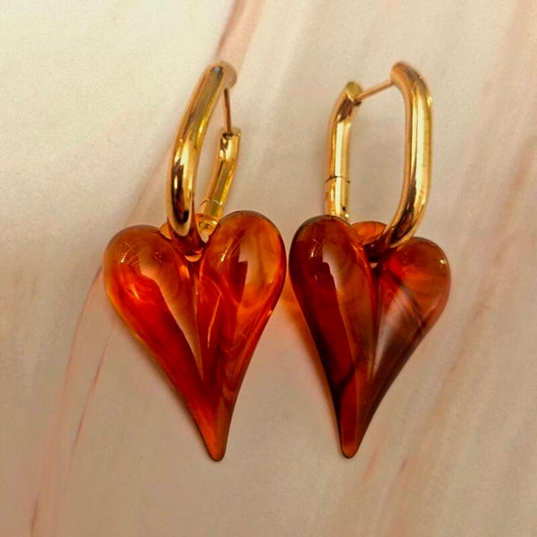 Oorbellen hart- bruin/oranje- Stainlesssteel