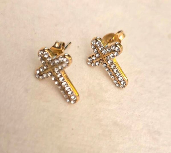 Oorbellen kruisjes strass goudkleurig Stainlesssteel