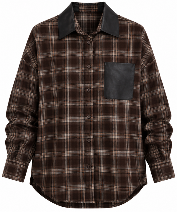 Blouse ruit bruin met  kunst lederen kraag