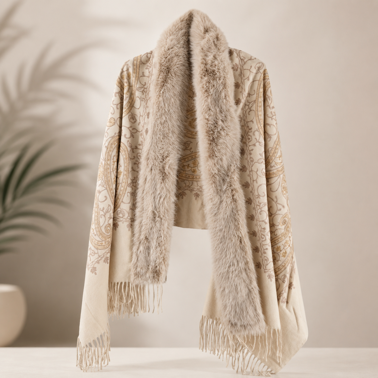 Sjaal met bont. - omslag beige.