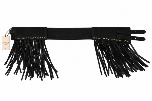 Riem met franje  zwart en donkerbruin stretch