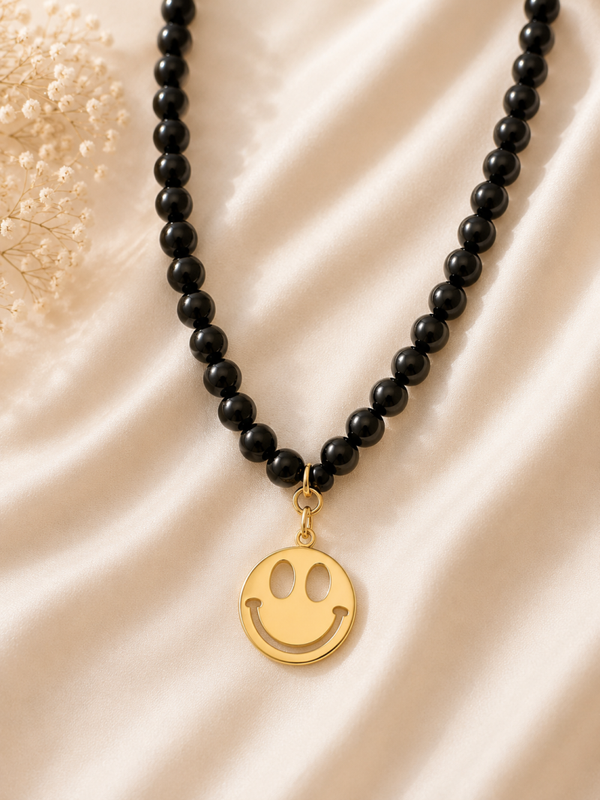 Ketting bead smiley zwart