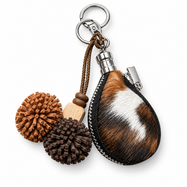 Tassen/sleutelhanger leer. Koeienhuid