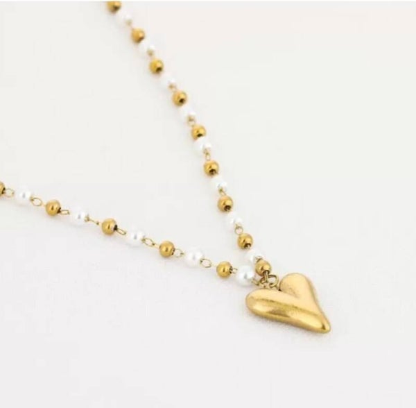 Parel en kralen ketting met hart bedel- goud
