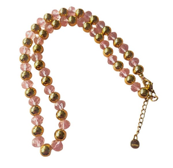 Ketting balletjes - goud- lichtroze- Stainlesssteel