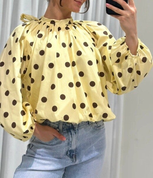 Polka dot blouse geel met bruin