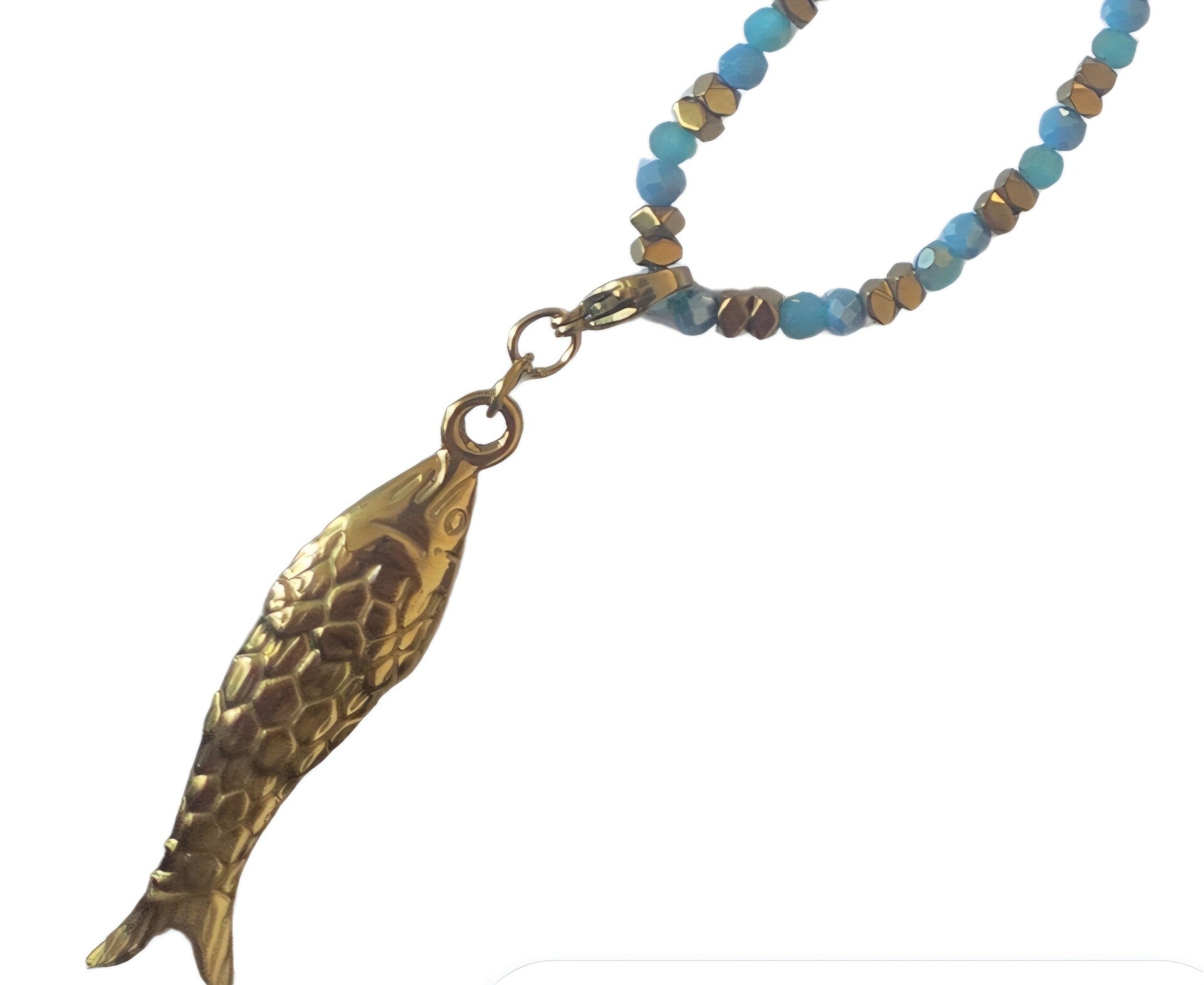 Lange ketting blauw met vis- Stainlesssteel- 80cm